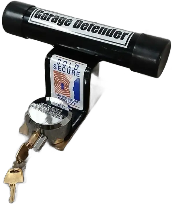 A Garage Defender: a black steel bar labelled Garage Defender on an upright bracket with a Sold Secure sticker, and a chrome padlock with brass keys